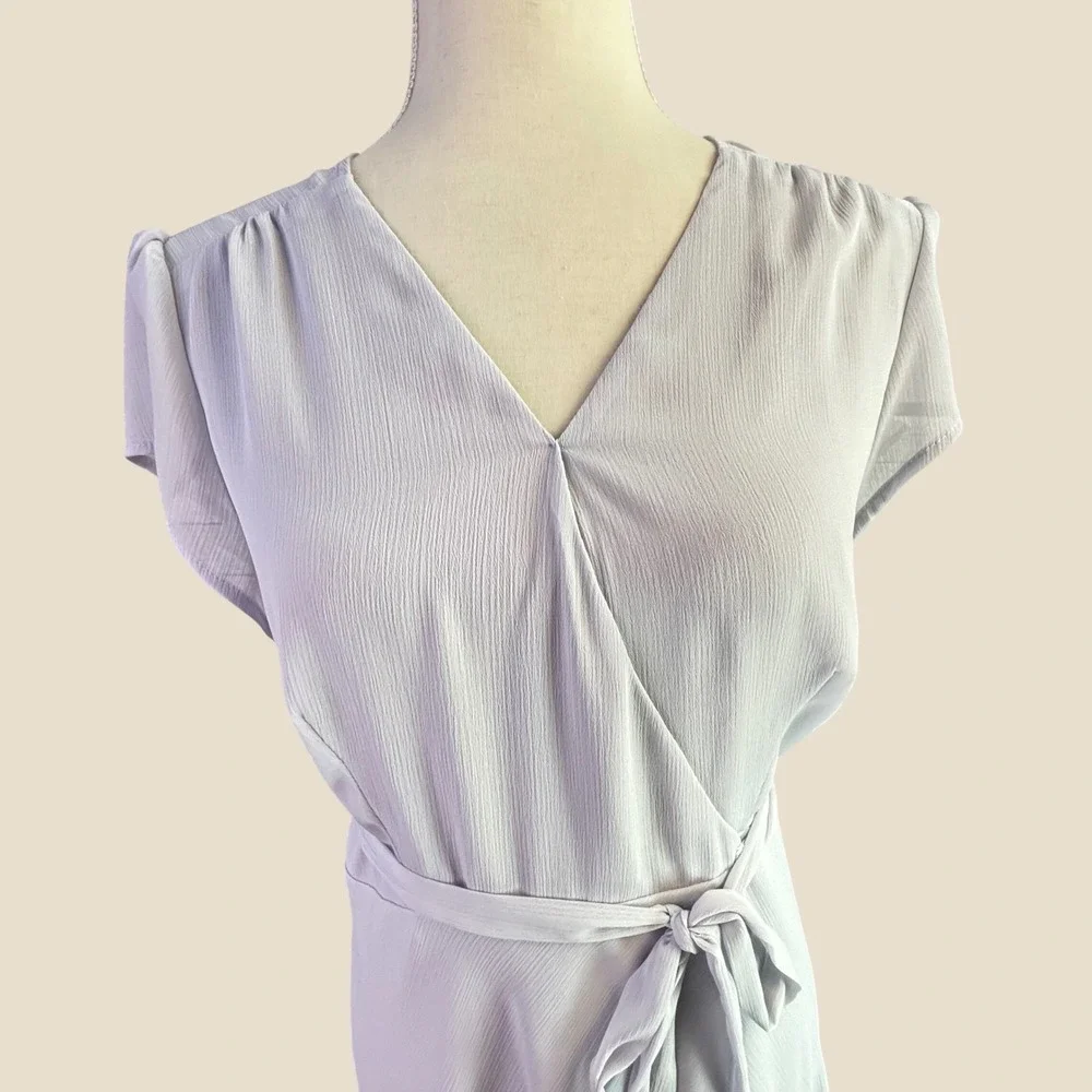 Romantic Wrap Midi Dress WAYF M Lavender Blue Crepe Cottage Soft Ethereal Fairy